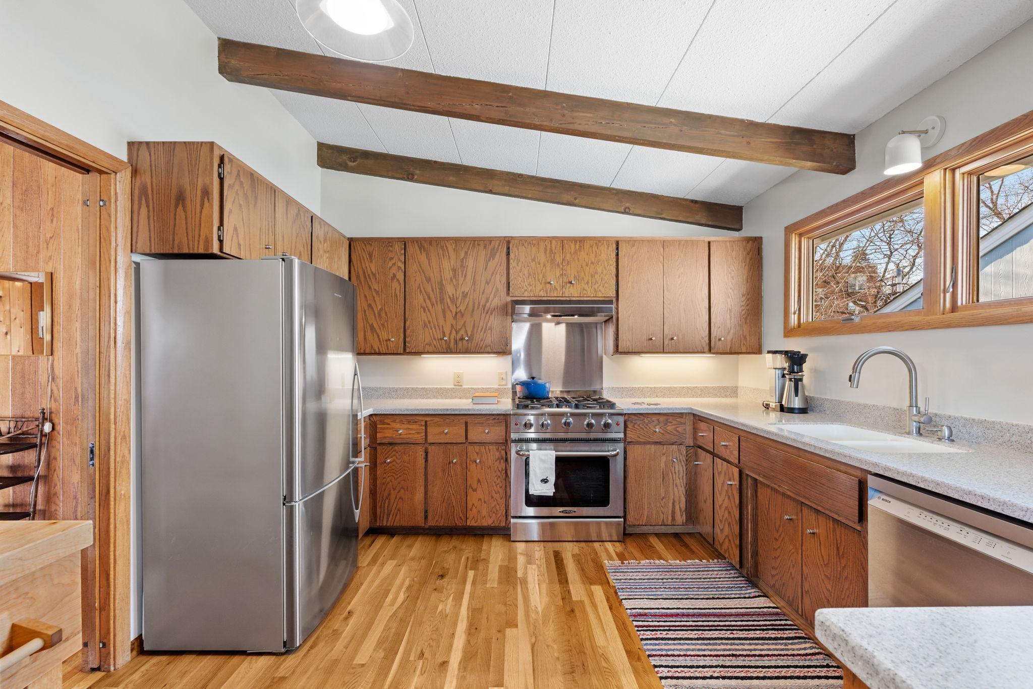 The kitchen is large and communicates well with the living areas.