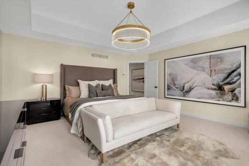 Generously sized primary suite with a tray ceiling and designer lighting.