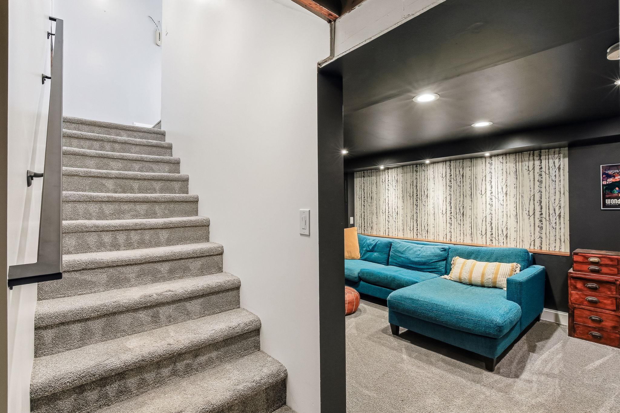 Lower level showcases new carpet.