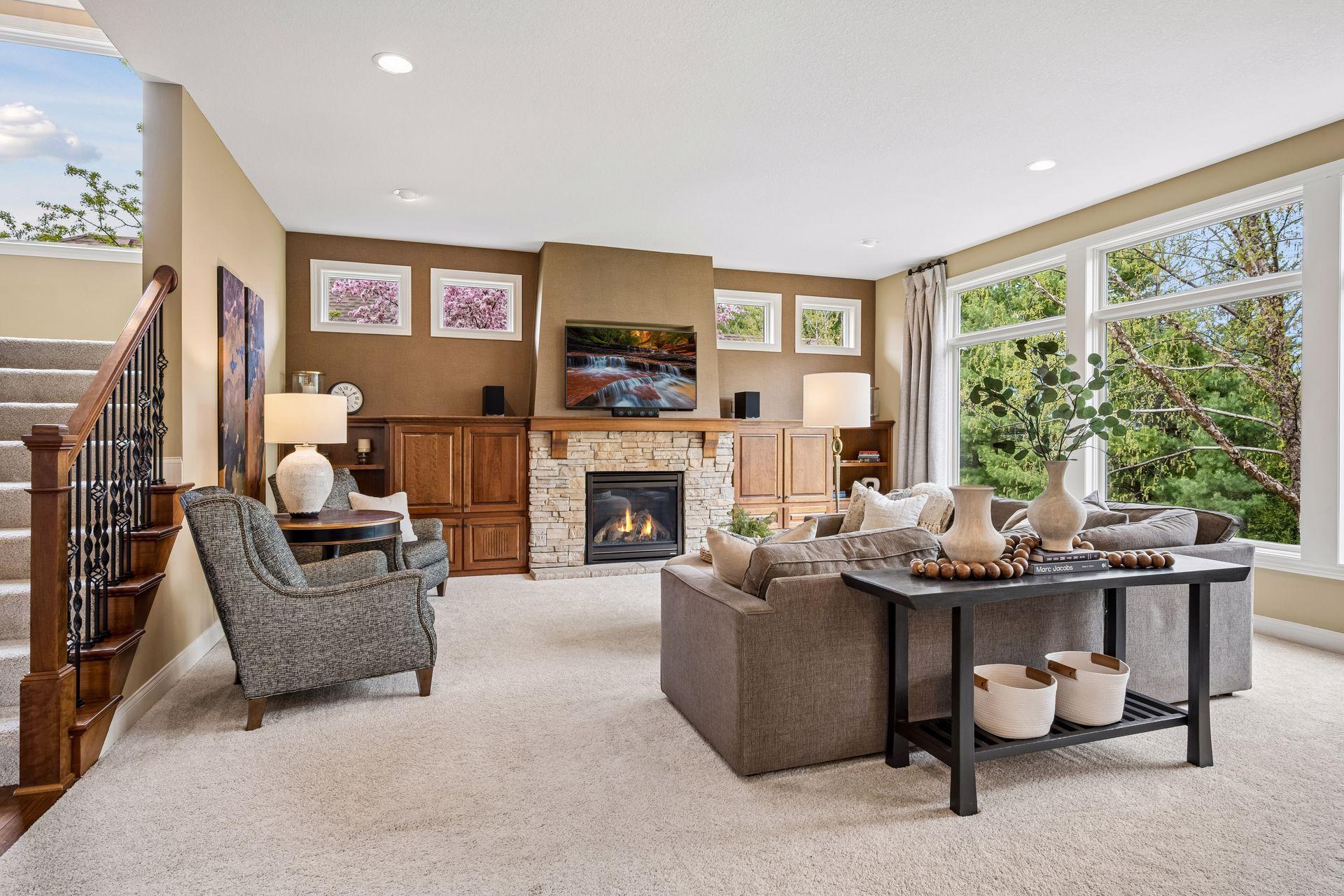 Great room with surround sound speakers