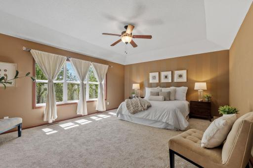 Spacious (19 x 15) Primary bedroom with brand new carpet, tray ceiling and windows overlooking the woods