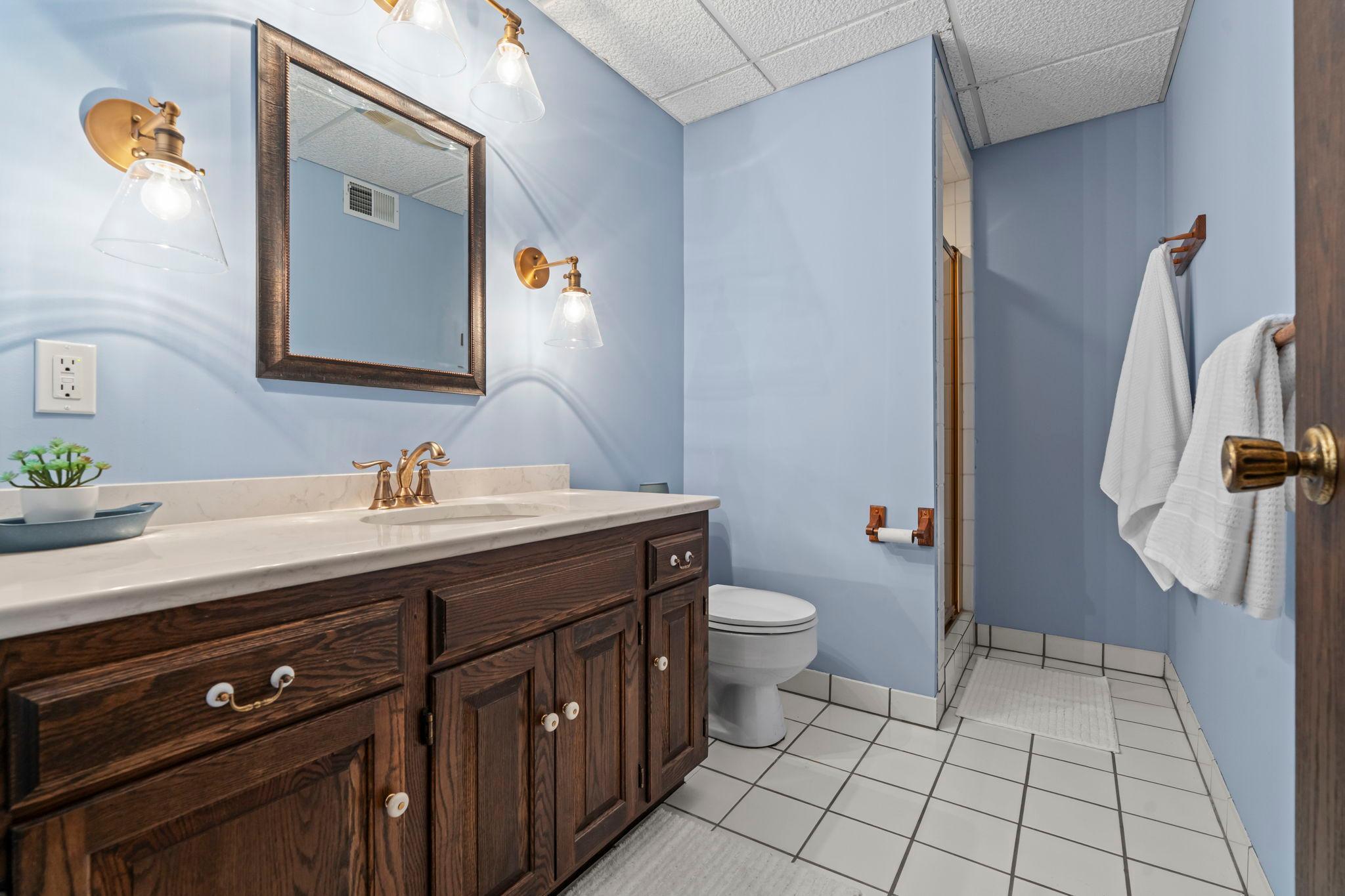 3/4 bathroom in the lower level! Ceramic tiled flooring and updated countertops.
