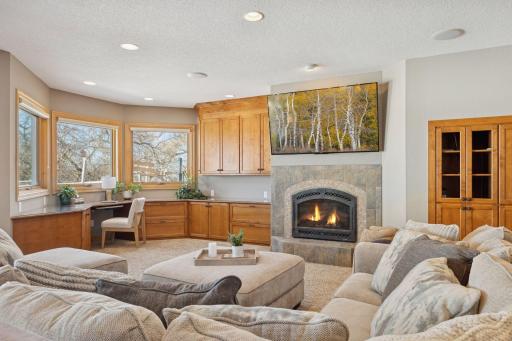 Cozy lower-level living space with a stone fireplace, built-ins, and plenty of natural light.