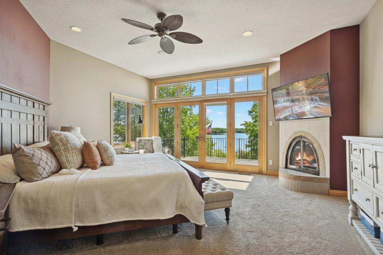Mainfloor primary suite with stunning waterfront views, a cozy fireplace, and private walkout to the deck