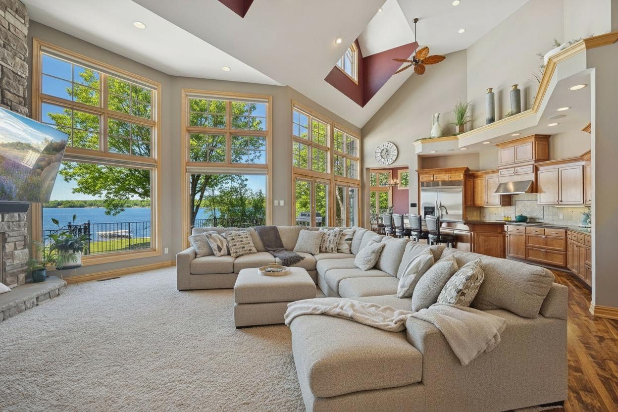 Stunning vaulted great room with floor-to-ceiling lake views!