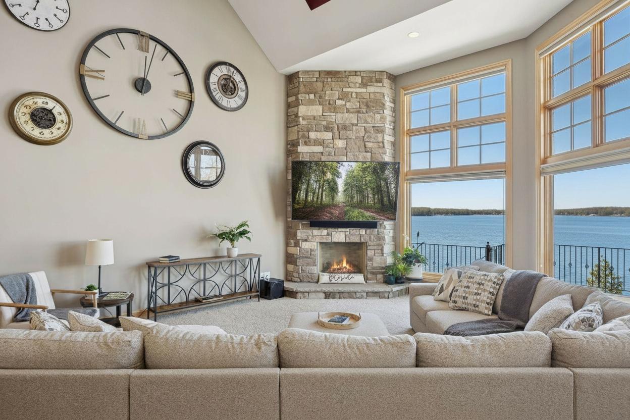 22-foot stone gas fireplace at the heart of the home.