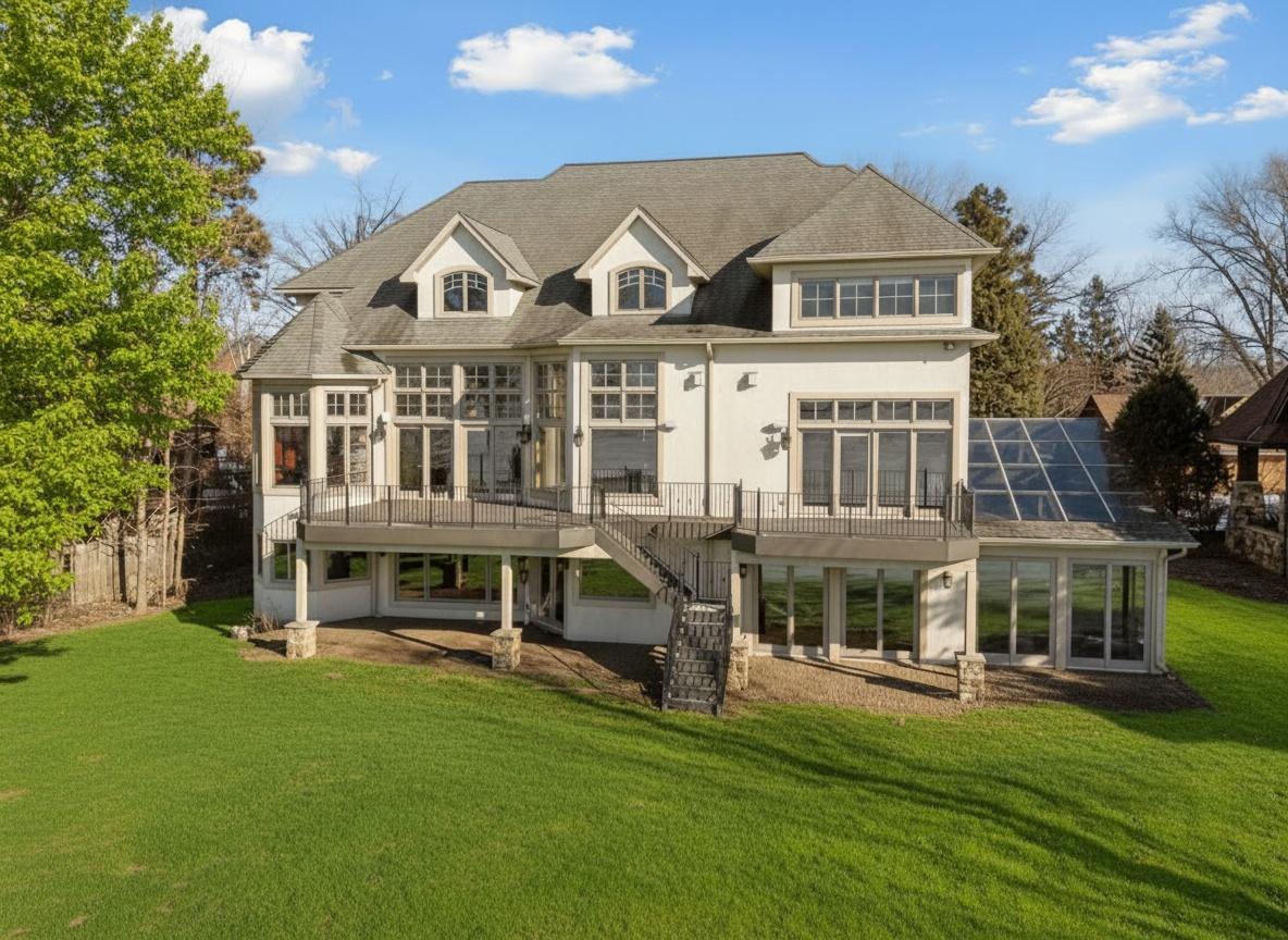 Stunning lakefront home with expansive windows, multi-level outdoor living, and a sunroom-enclosed pool.