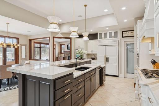 Kitchen highlights include stainless steel appliances, oversized kitchen island, and walk-in pantry