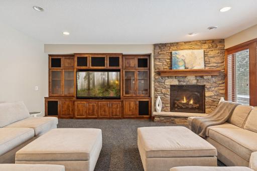 Abundant built-in space and cozy gas fireplace with stone surround