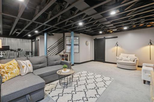 Spacious lower-level Family Room with tall ceilings.
