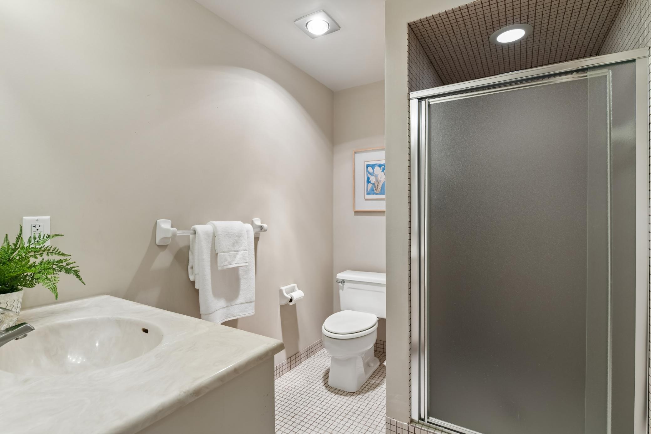 Lower level 3/4 bath with tile finishes