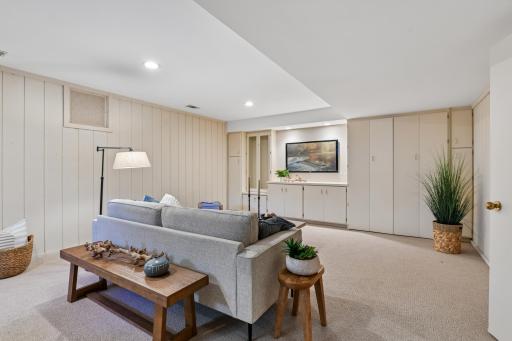 A wall of built-ins fill one wall offering locked storage, a media area and murphy bed.