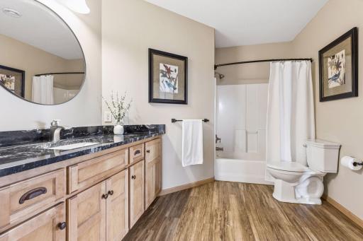 Full bathroom in lower level with pass through to fourth bedroom.