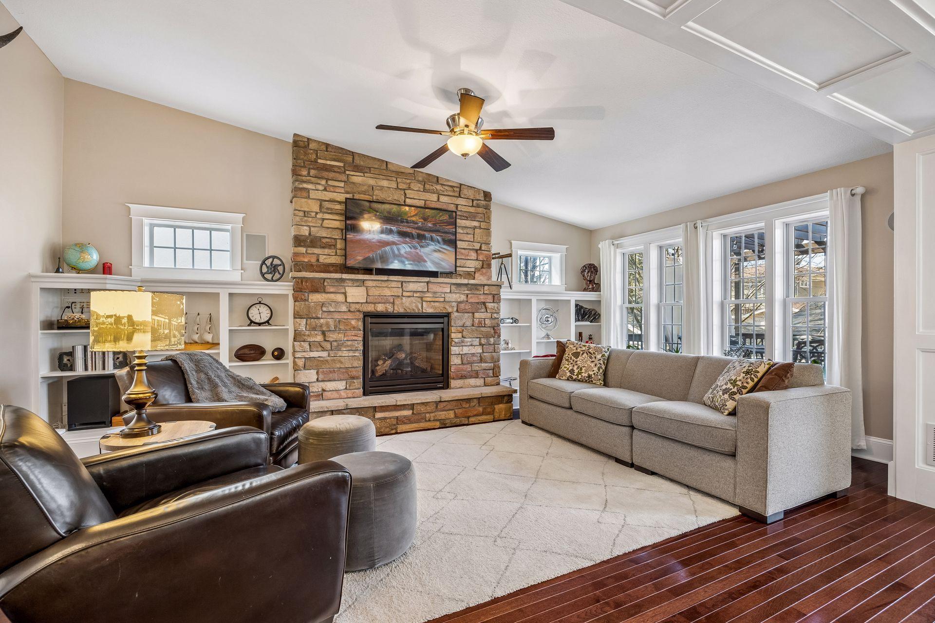 Gorgeous great room with vaulted ceiling, and partial coffered ceiling focal point.