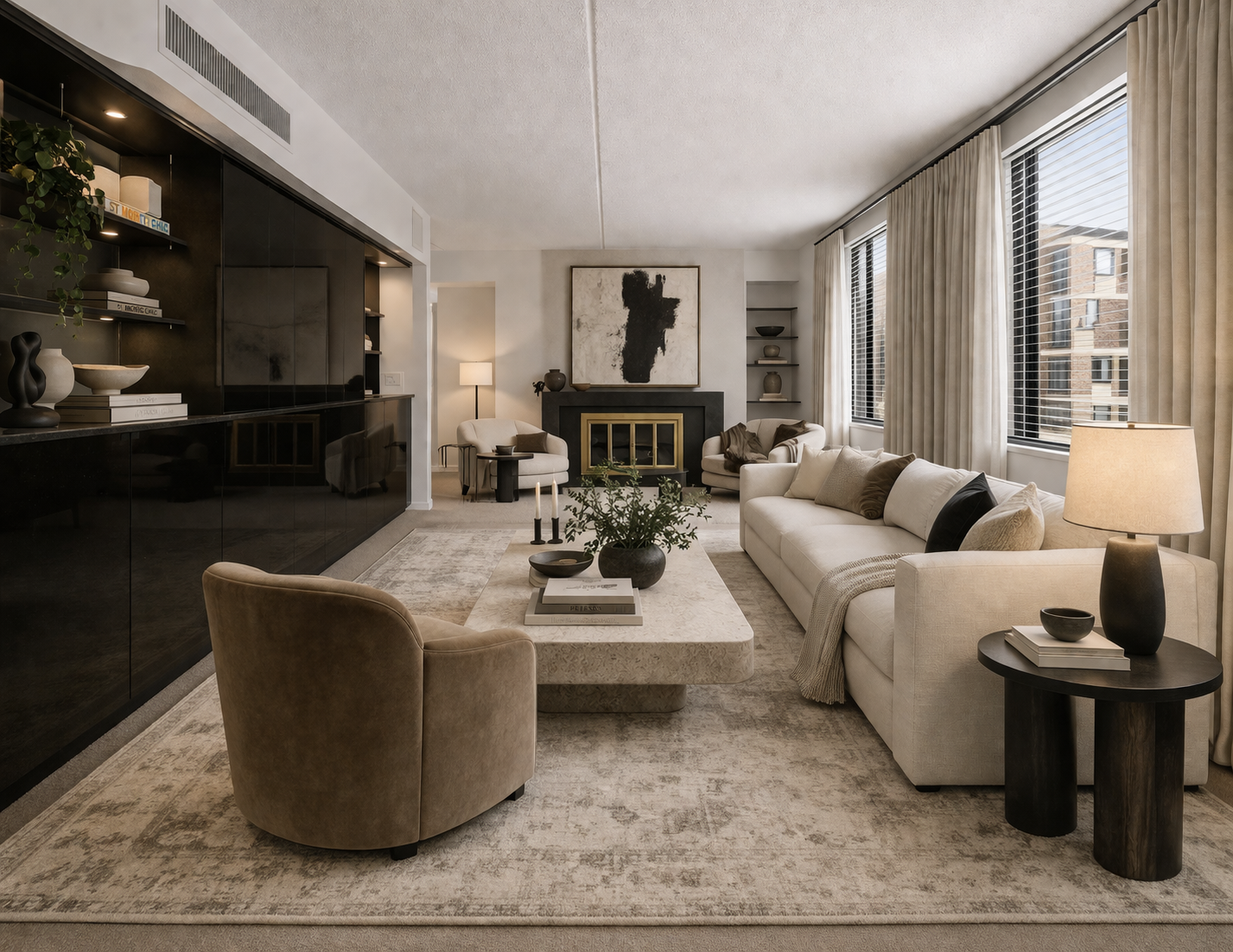 Living room with wet bar & fireplace