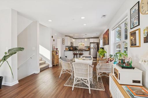 Dining space between kitchen and living area.