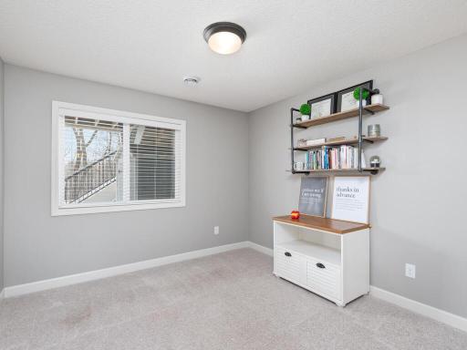 A lower-level guest bedroom provides versatile space with private accommodations. it also adapts seamlessly to your lifestyle needs—easily serving as a second home office, exercise studio, or creative workspace.