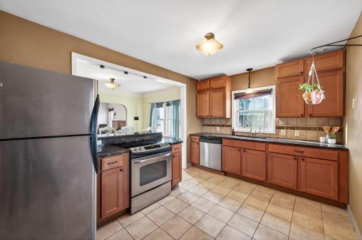 The oversized kitchen has ample cabinet and counter space