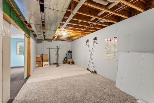 Sliding barn doors open to a versatile bonus game room that can easily adapt to individual needs, whether used as a media room, home gym, or hobby space. The lower level also includes ample storage options.