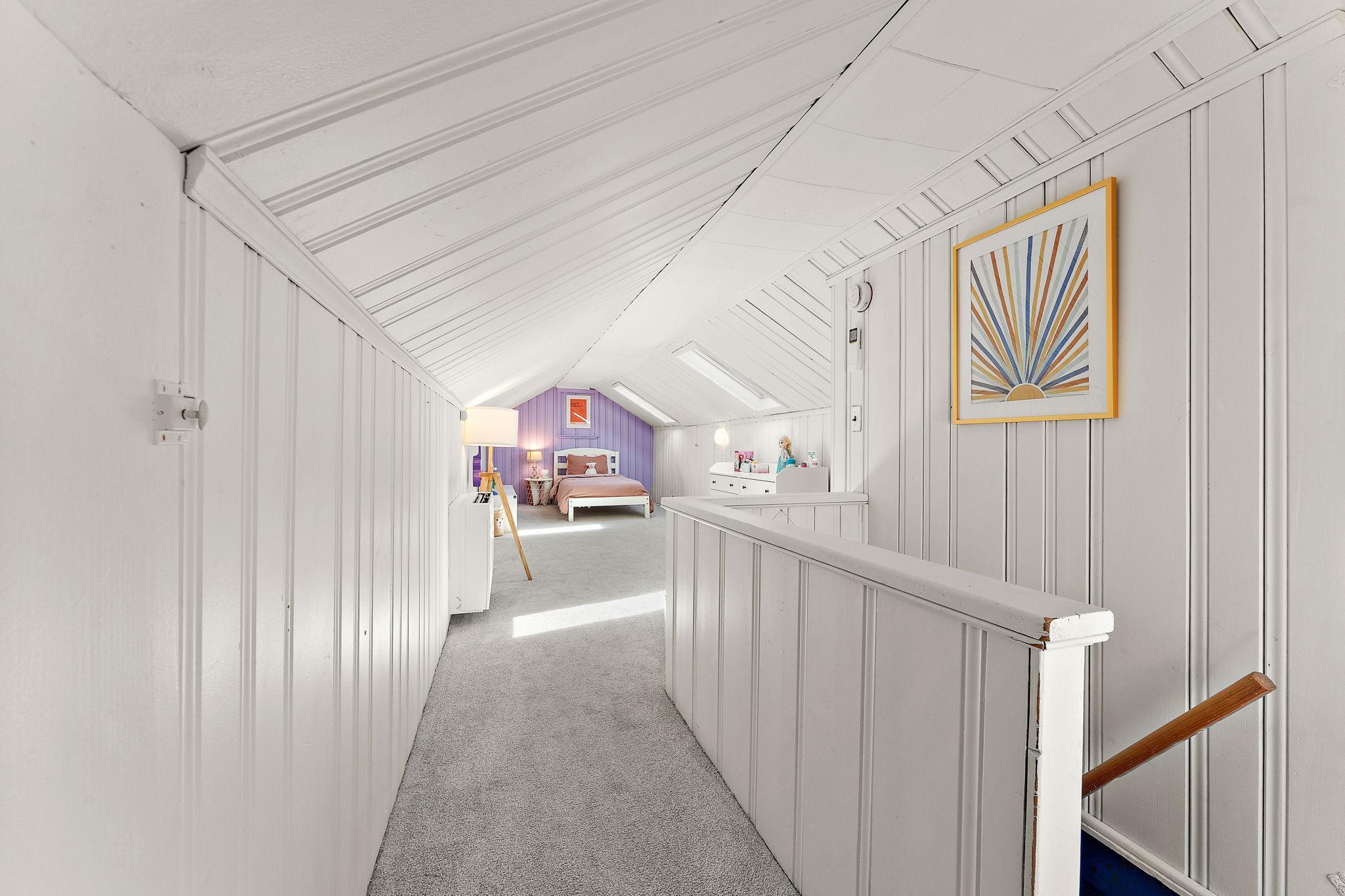 Upstairs. Makes a great extra bedroom or home office!