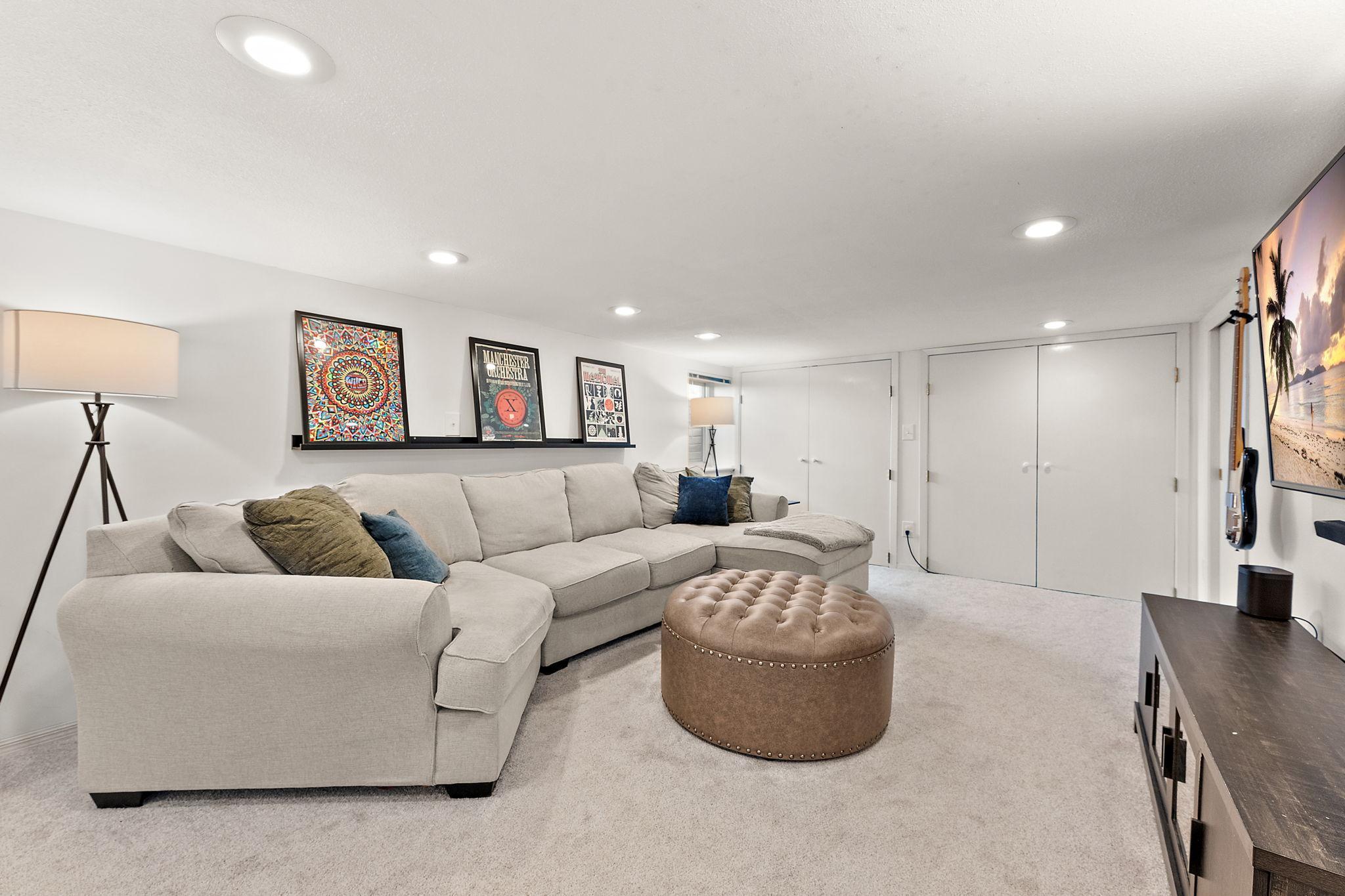 Large closets on the far end for additional storage. Note the egress window in the far corner — this could be another bedroom.