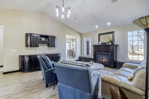 Family room with kitchen to the left.