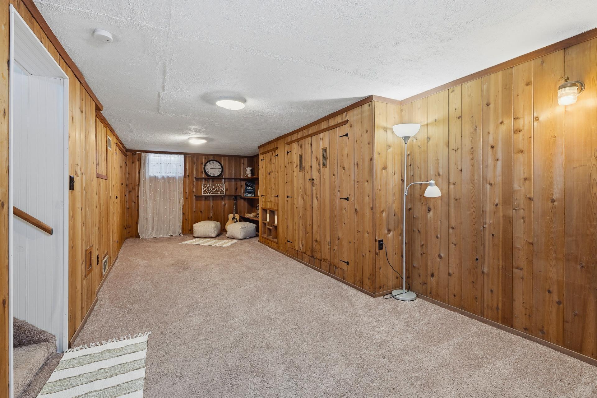 Lower level amusement room with multiple storage walk-in closets.