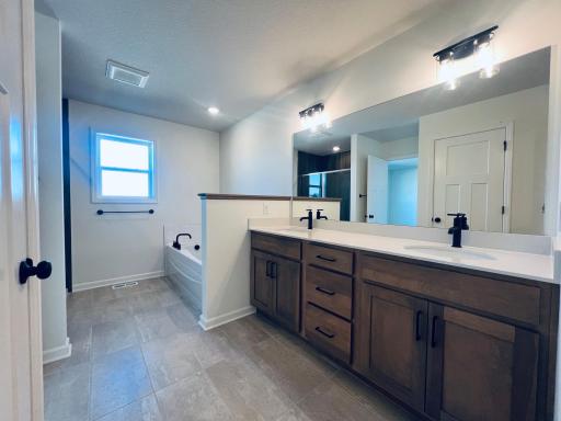 Double vanity in owners bath / cabinets are lighter than they appear in picture