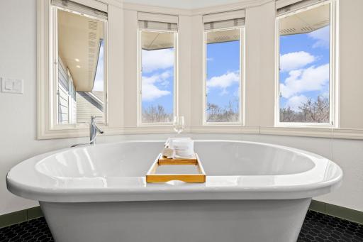 Freestanding tub framed by bay window