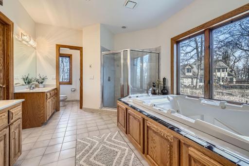 Main floor primary bathroom with dual sinks
