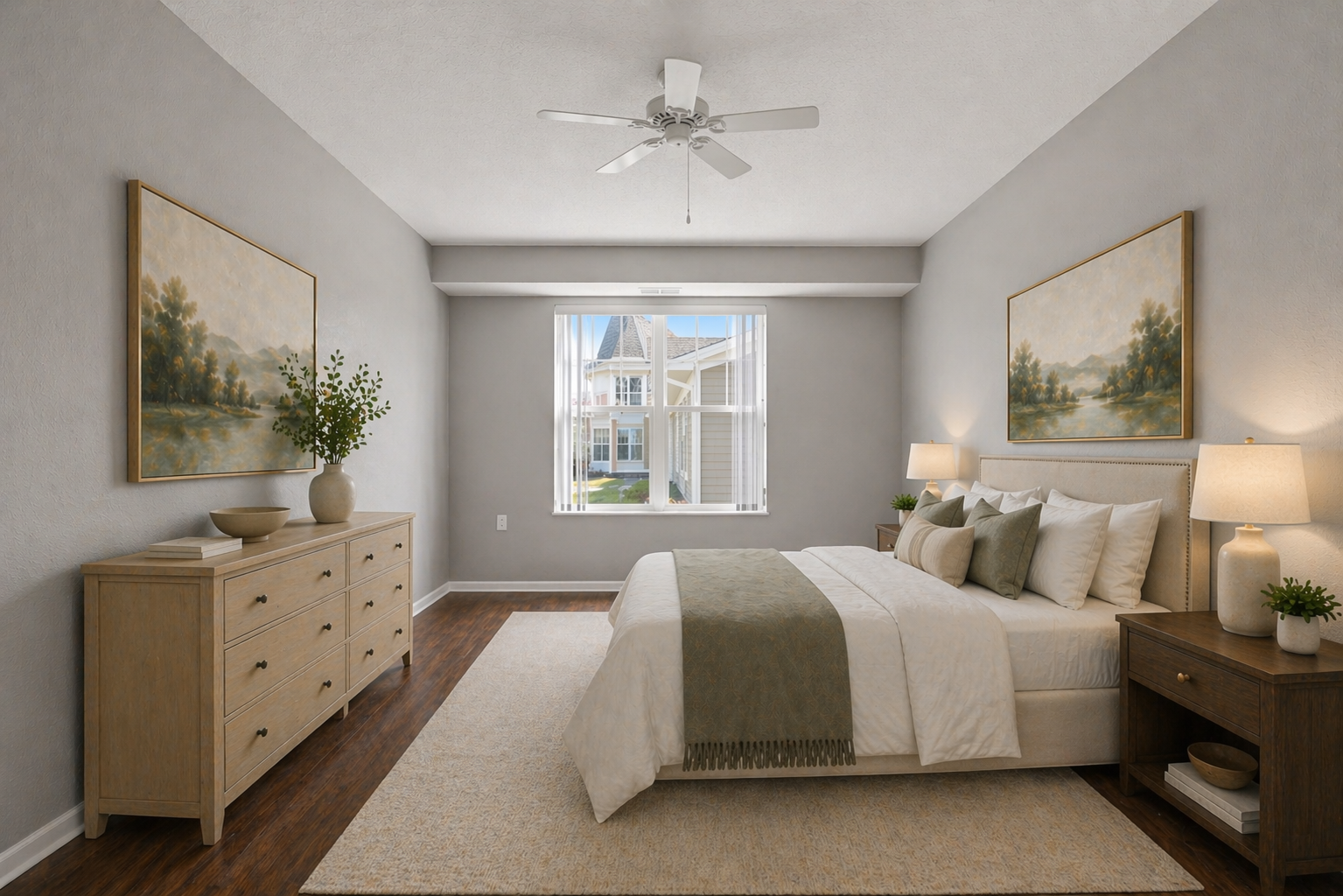 Spacious primary bedroom filled with abundant natural light, featuring wood-look LVT flooring and a neutral paint palette.