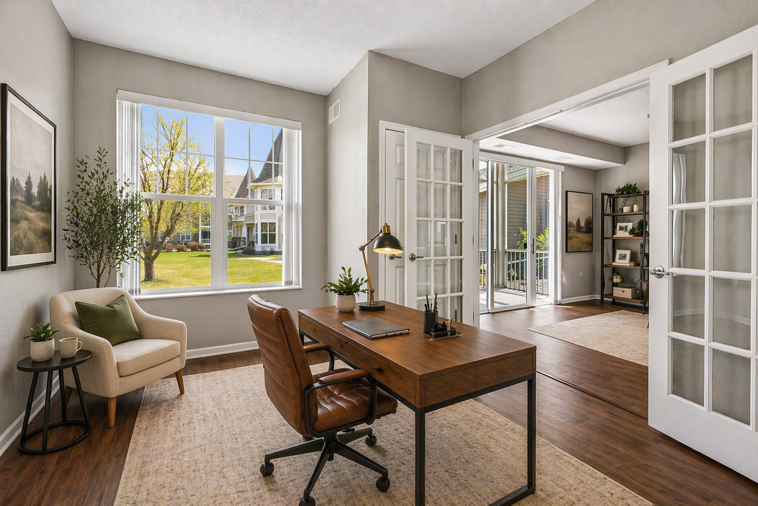 Versatile office/flex room or potential second bedroom featuring glass French doors to the living room and a large window for great natural light.
