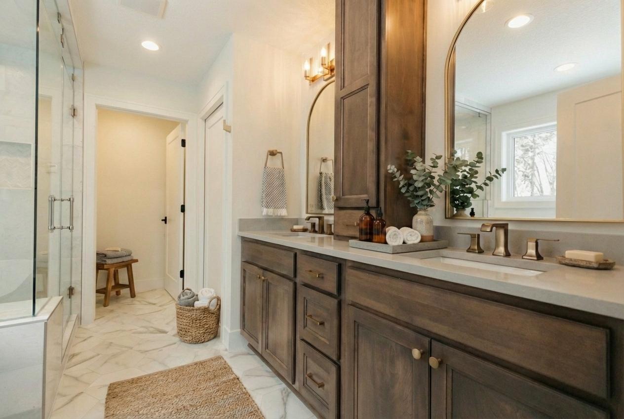 Upper level primary bathroom with beautiful tile work, 3cm quartz counters, double sinks! Photos of a prior model. Majority of shown options are included in the sales price. *Virtually staged to show design options.