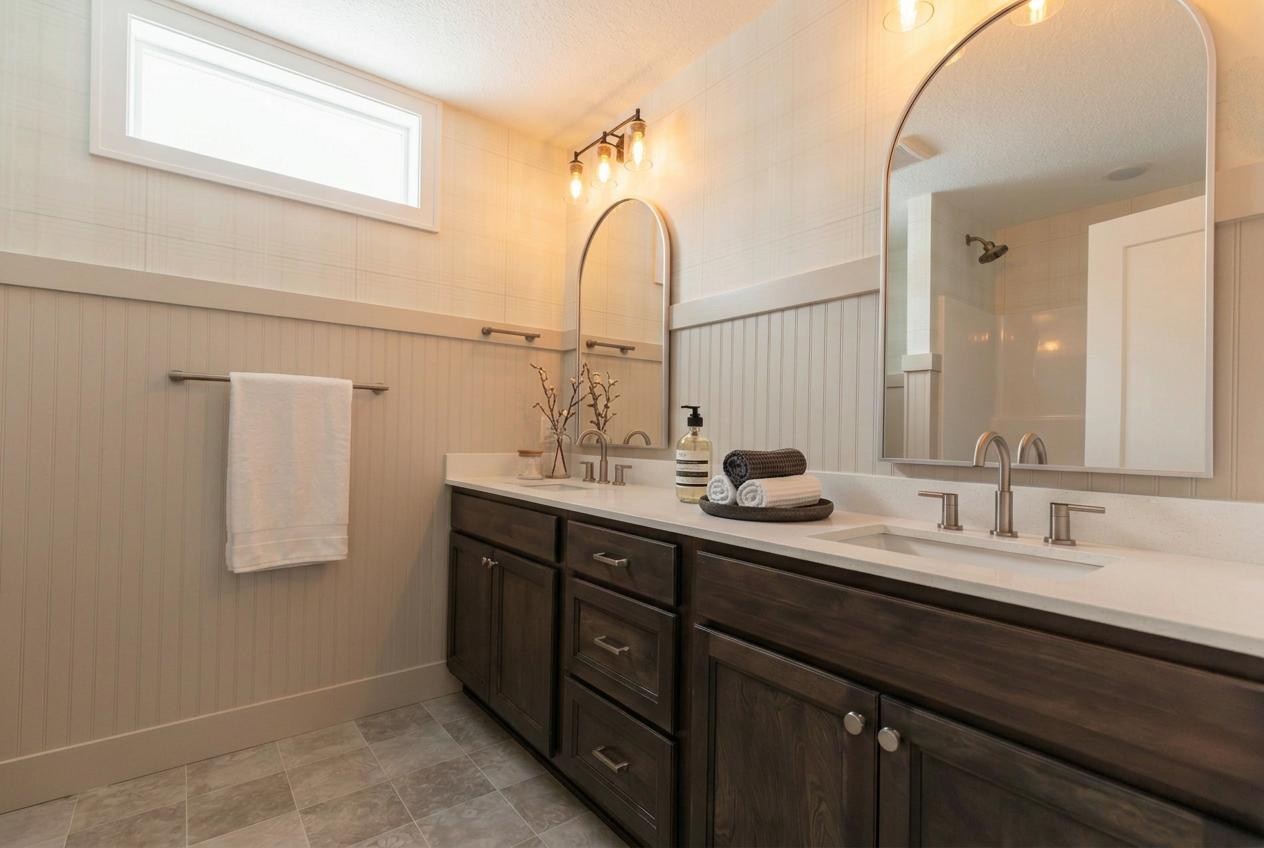 Full bathroom with dual sinks, and 3cm counters! *Photos are from a prior model-Majority of shown options are included in the sales price.Virtually staged to show design options.