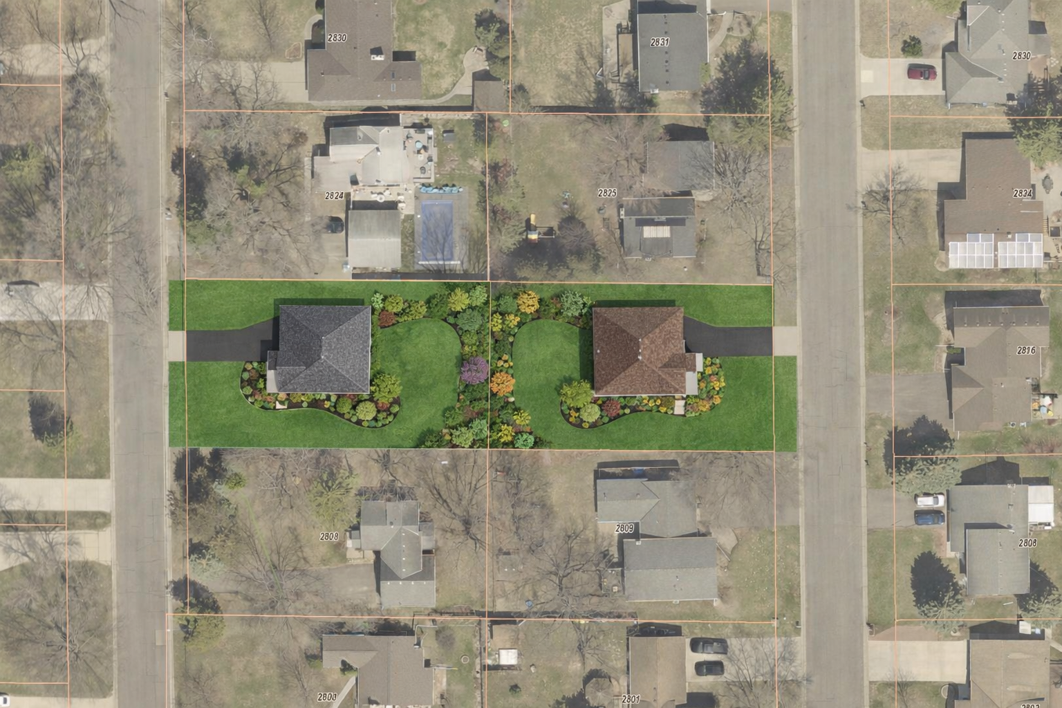 Estimated home site locations after lot split approval. Image shows optional landscaping.