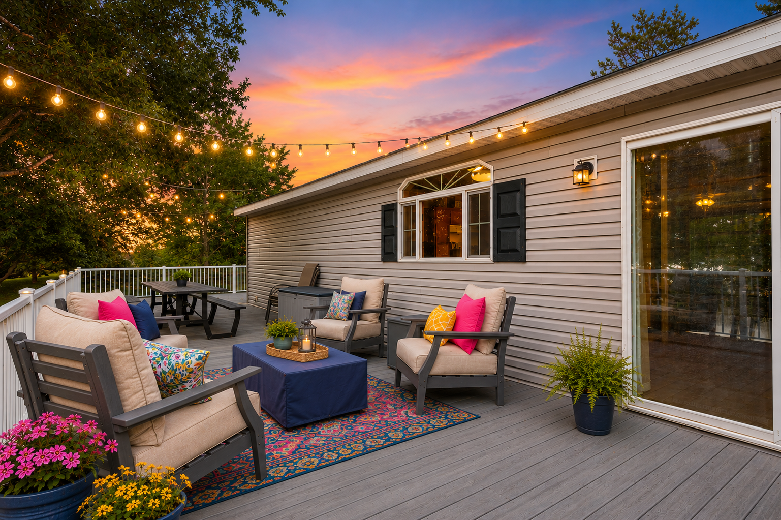 Lakeside Maintenance Free Deck runs the full length of the home.- Virtually Staged