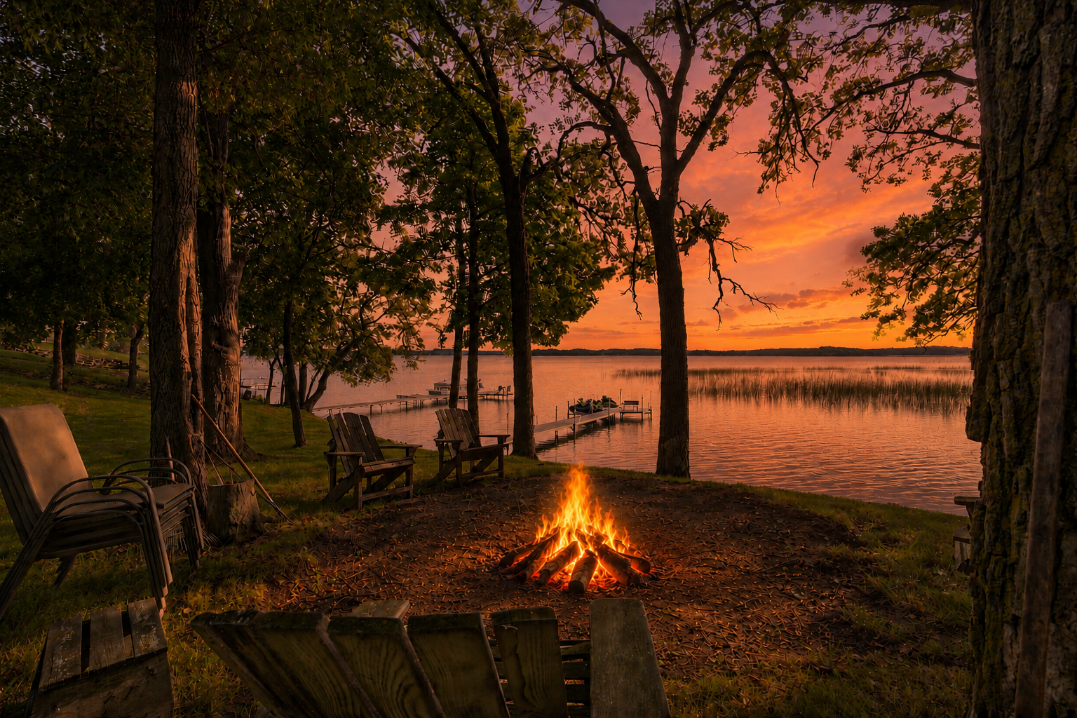 Lakeside Firepit at Sunset- Digitally Staged