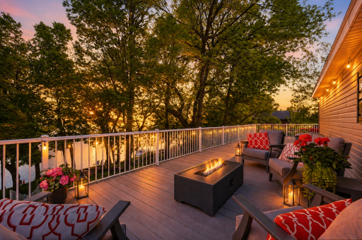 Lakeside Maintenance Free Deck runs the full length of the home.- Digitally Staged