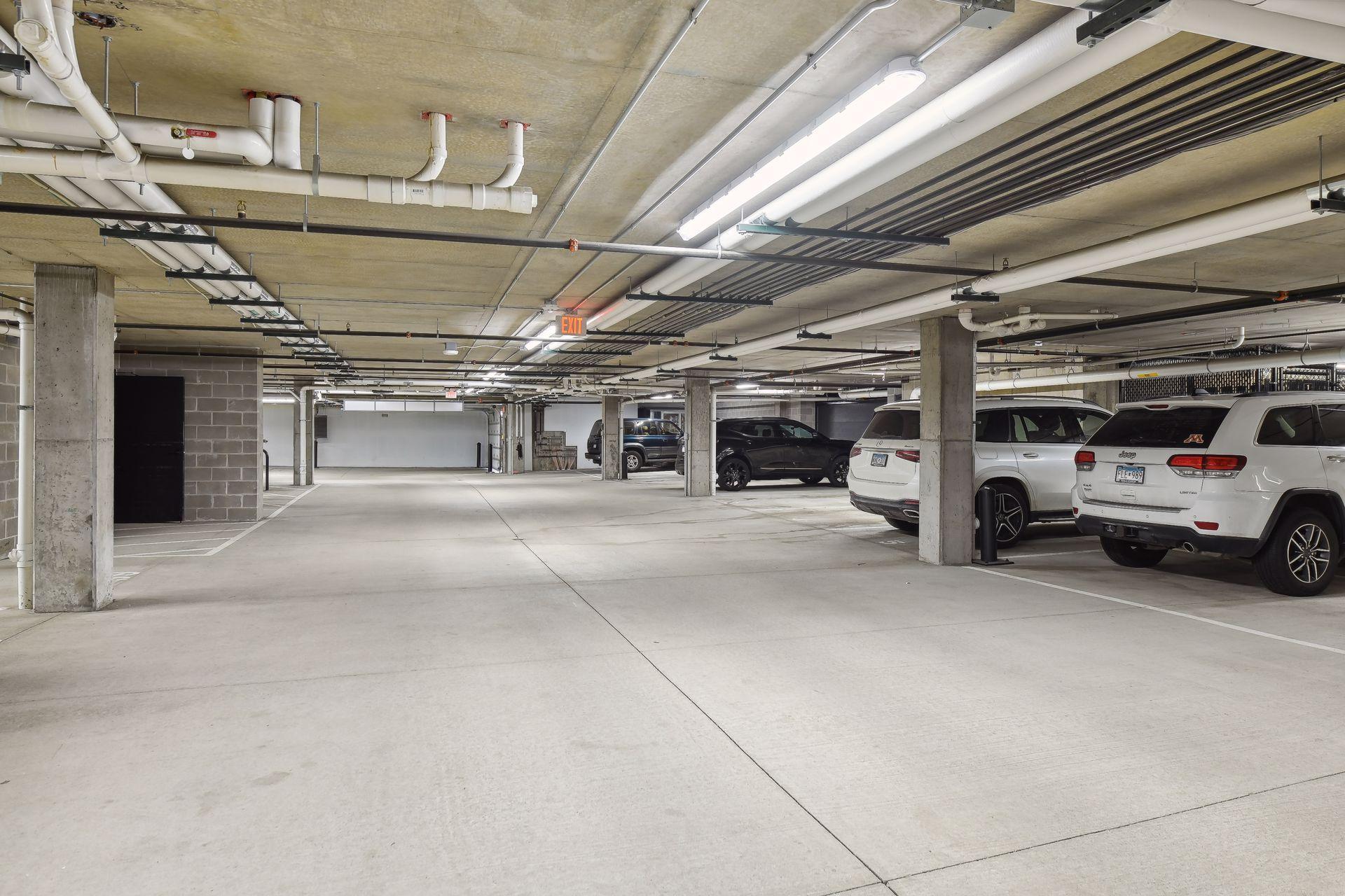 Two parking spots and a caged storage space come with the unit