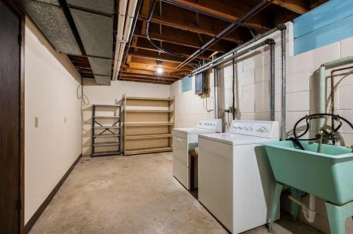 Lower level laundry room with a utility sink and storage area