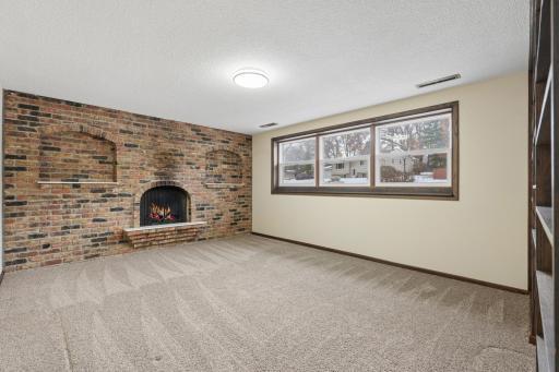 Lower level family room with new carpet, wood burning fireplace