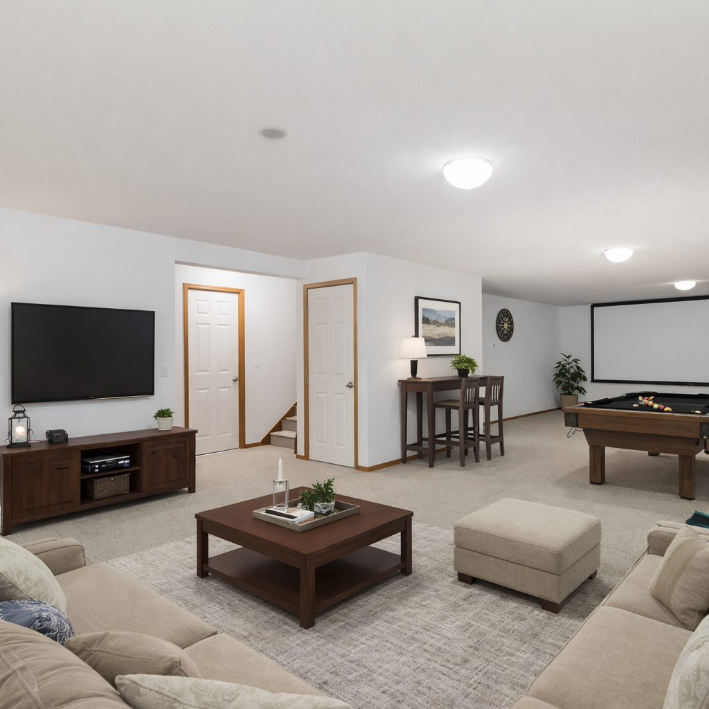 Lower level with an idea of how to use the space.