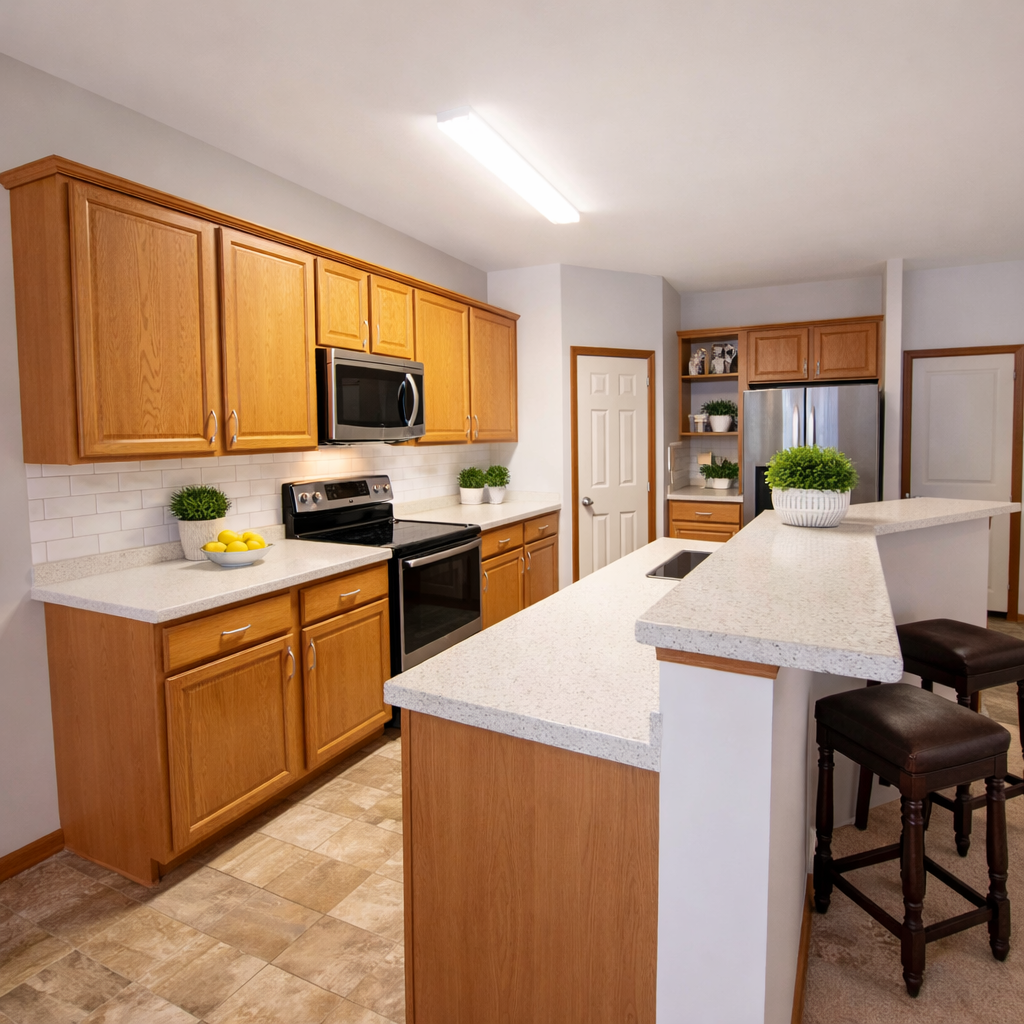 Kitchen has plenty of counterspace and storage.