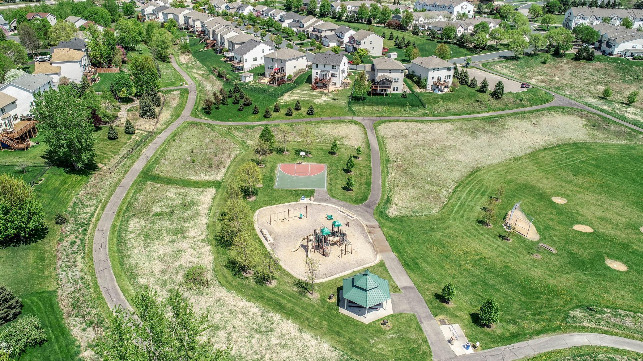 Overview of Meadowview park highlighting the gazebo, basketball court, baseball field, and playground.