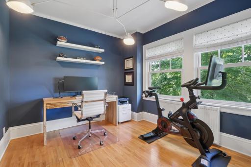 3rd bedroom on upper level, currently used as an office. Gorgeous backyard views of the treetops and gleaming hardwood floors.
