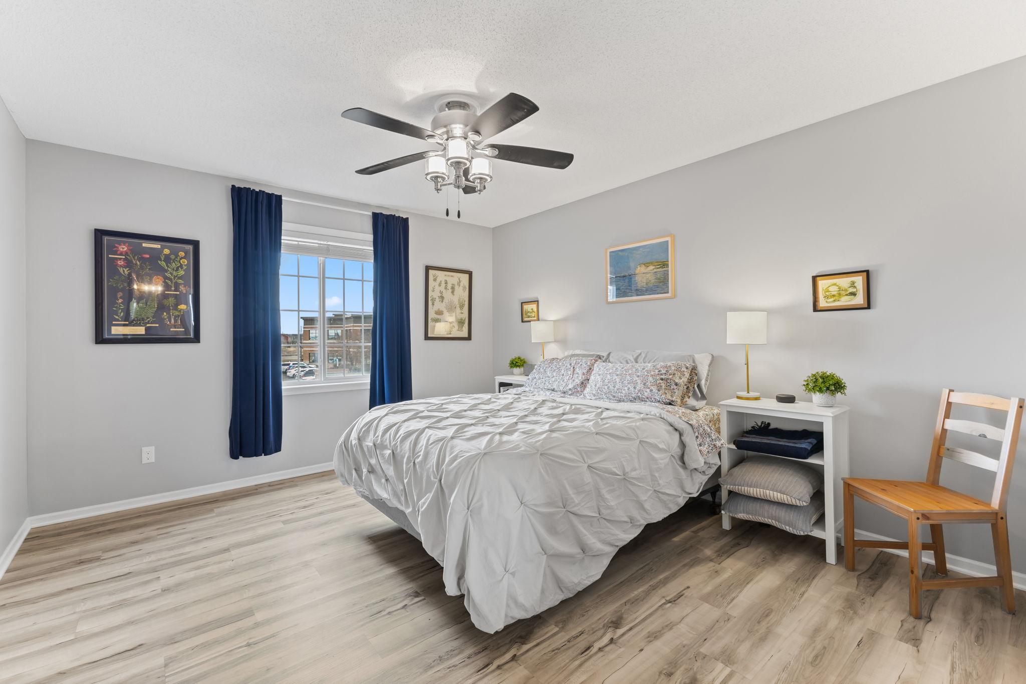 The primary bedroom is very spacious!