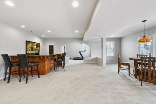 Bar area with bar storage room, bonus has closet and sellers are finishing wall and door in exercise room that has closet