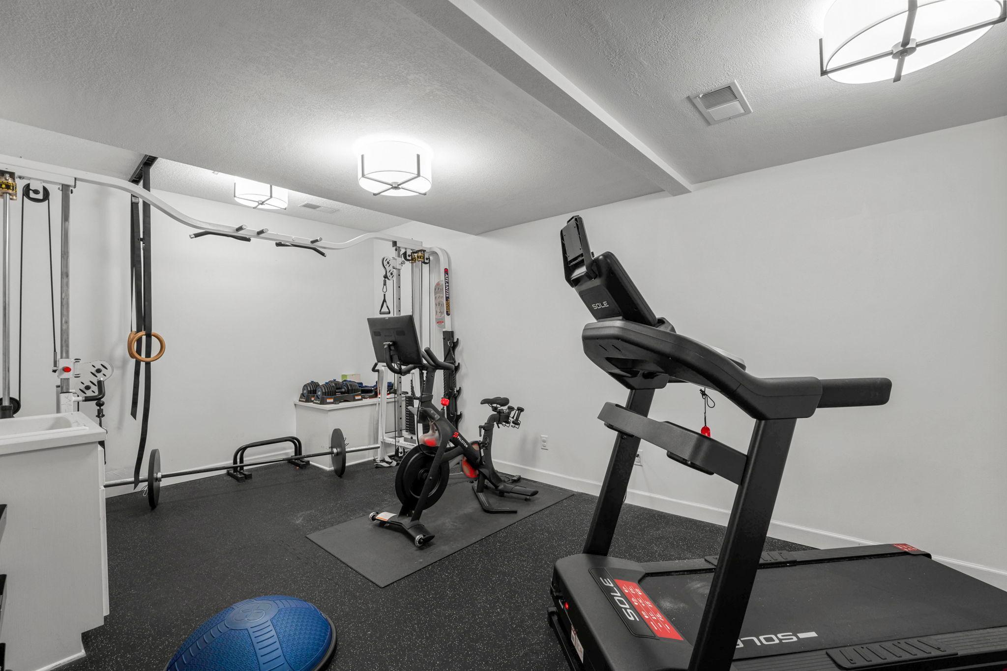 Home gym/bonus room with rubber floor. Cable rack/machine stays