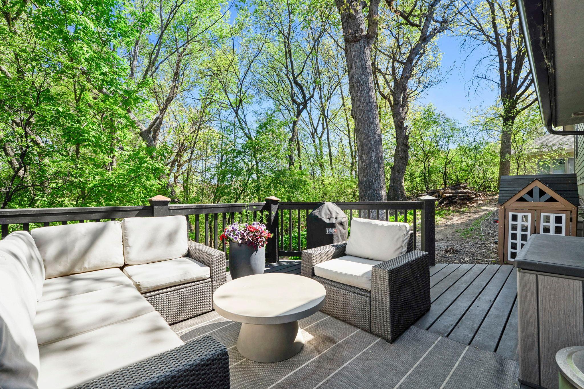 Deck off the main floor living area, perched on the hillside in the trees is an enchanting, private getaway...or gathering space.
