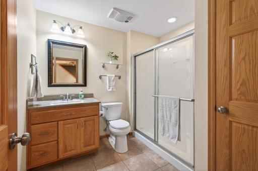 Lower-level Â¾ bath featuring oak vanity, expansive glass-door shower, linen closet, and tile flooring